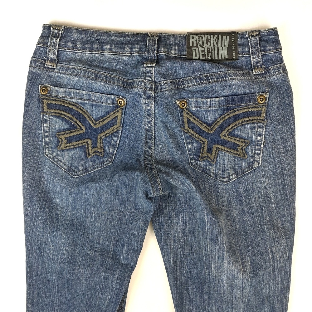 Rockin Denim Distressed Patchwork Flared Jeans 5 - image 6